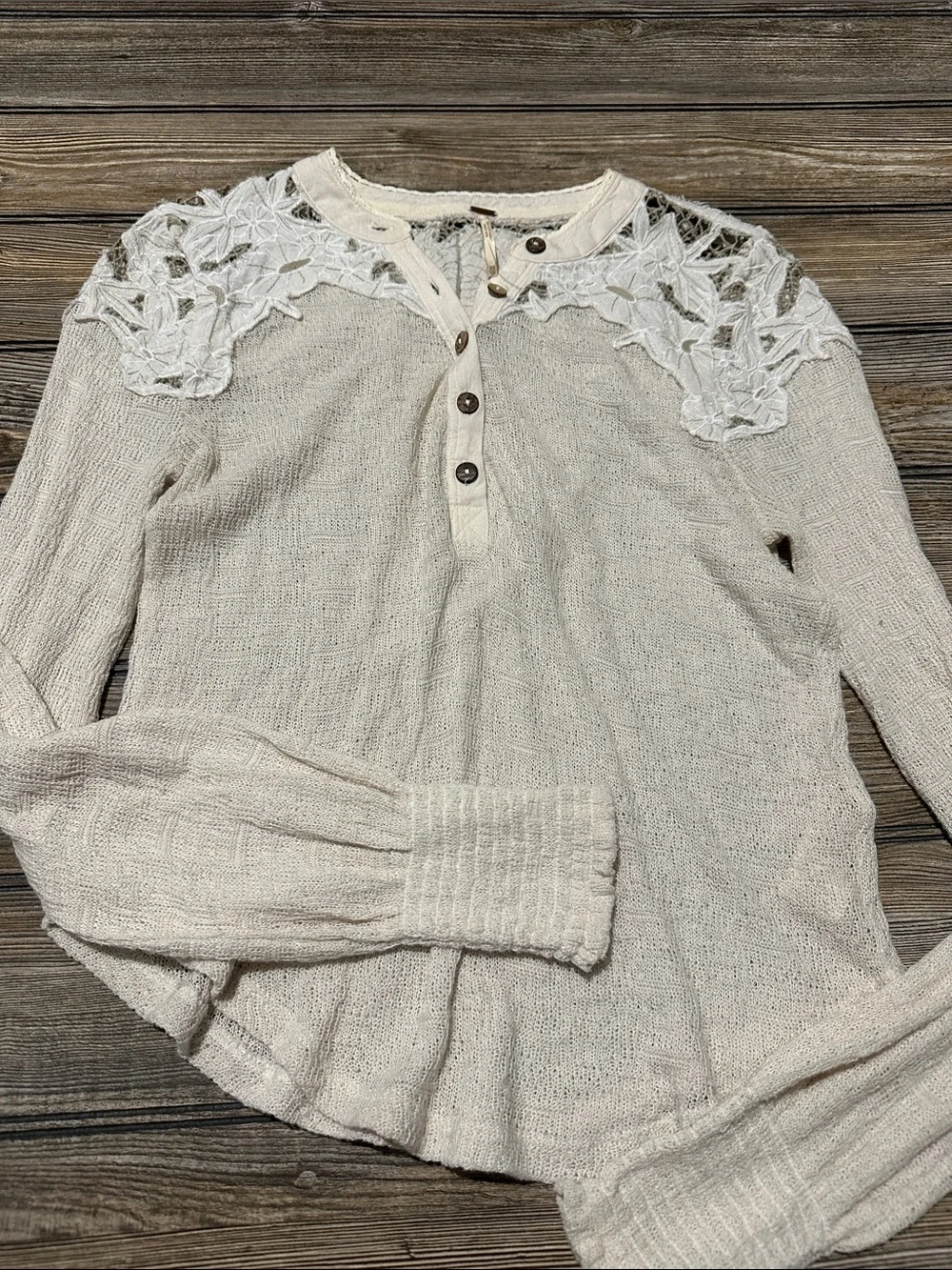 Women’s Lace-Yoke Henley Top in Cream free people size xs
